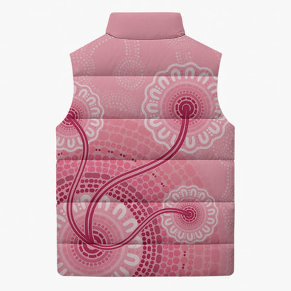 Australia Indigenous Sleeveless Puffer Jacket Breast Cancer Ribbon Aboriginal Art - Pink