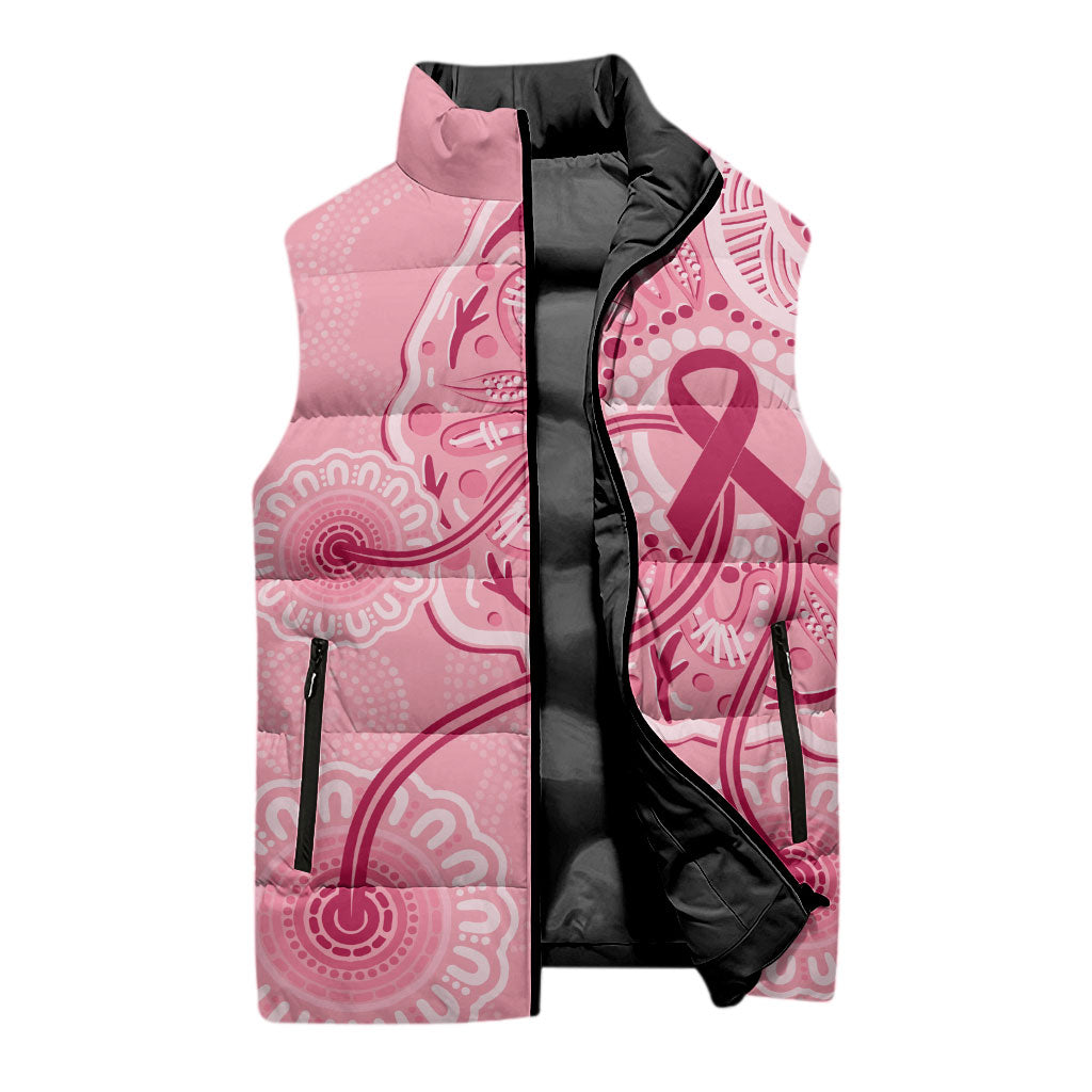 Australia Indigenous Sleeveless Puffer Jacket Breast Cancer Ribbon Aboriginal Art - Pink