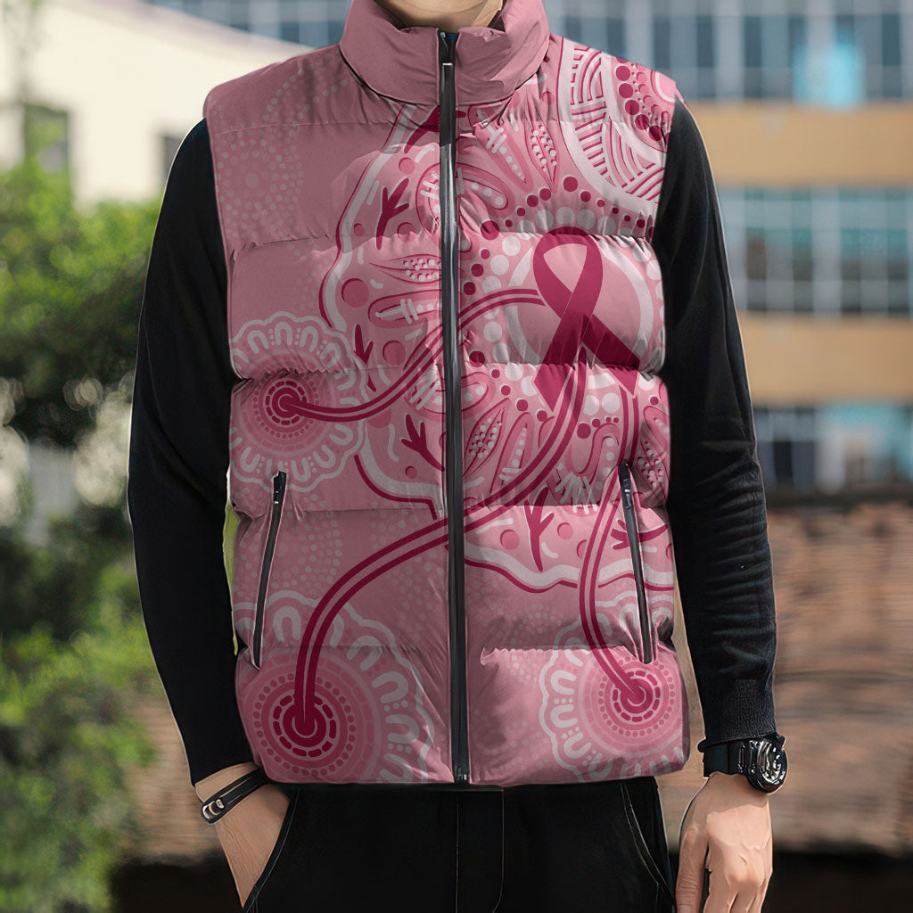 Australia Indigenous Sleeveless Puffer Jacket Breast Cancer Ribbon Aboriginal Art - Pink