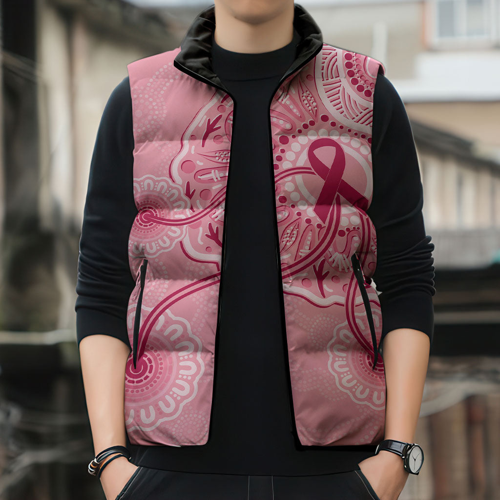 Australia Indigenous Sleeveless Puffer Jacket Breast Cancer Ribbon Aboriginal Art - Pink