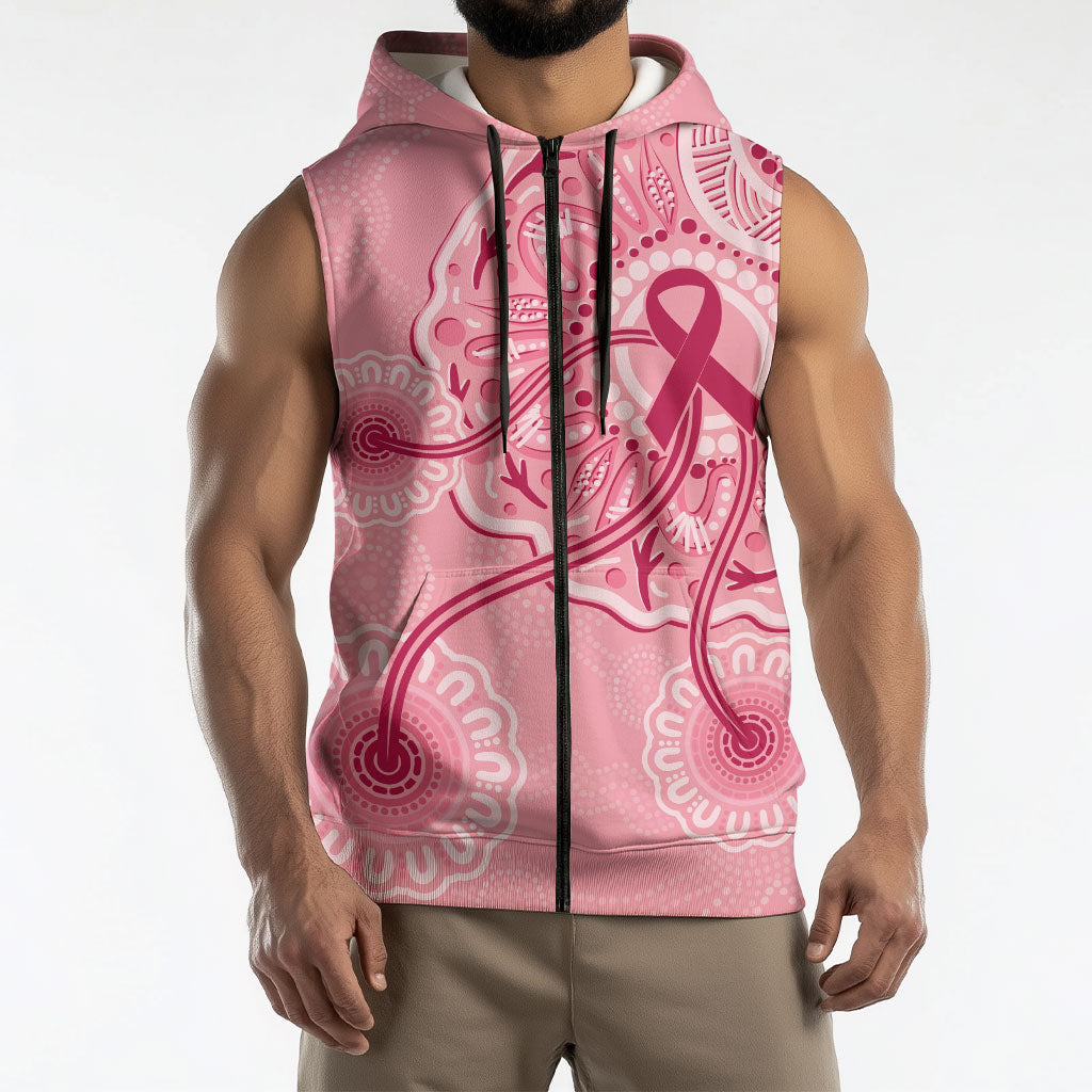 Australia Indigenous Sleeveless Zip Hoodie Breast Cancer Ribbon Aboriginal Art - Pink
