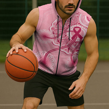 Australia Indigenous Sleeveless Zip Hoodie Breast Cancer Ribbon Aboriginal Art - Pink
