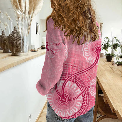 Australia Indigenous Women Casual Shirt Breast Cancer Ribbon Aboriginal Art - Pink