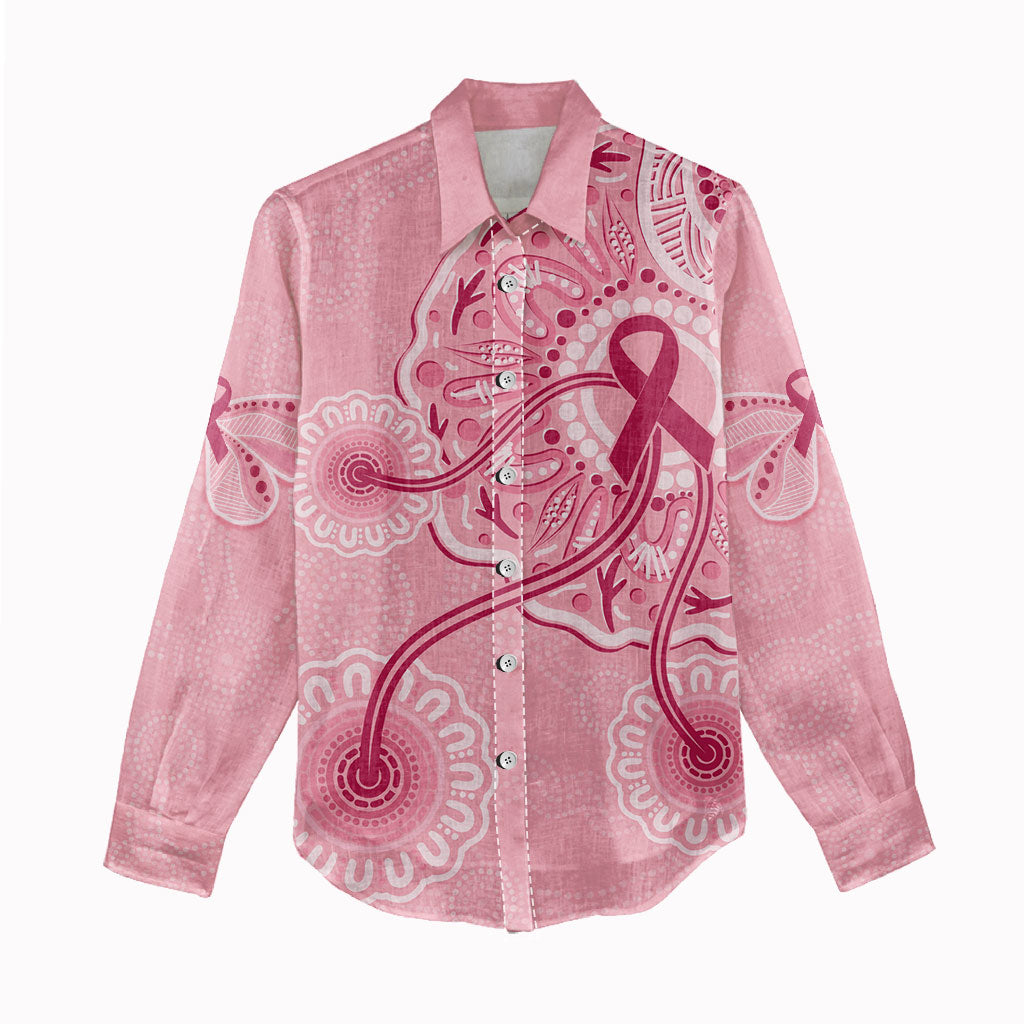 Australia Indigenous Women Casual Shirt Breast Cancer Ribbon Aboriginal Art - Pink