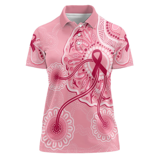 Australia Indigenous Women Polo Shirt Breast Cancer Ribbon Aboriginal Art - Pink