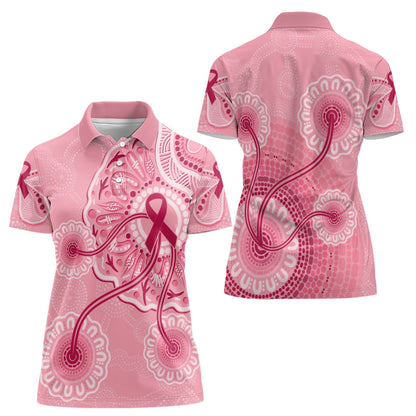 Australia Indigenous Women Polo Shirt Breast Cancer Ribbon Aboriginal Art - Pink