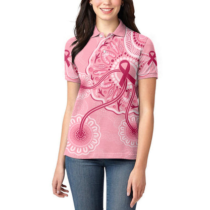 Australia Indigenous Women Polo Shirt Breast Cancer Ribbon Aboriginal Art - Pink