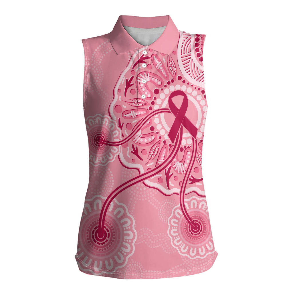 Australia Indigenous Women Sleeveless Polo Shirt Breast Cancer Ribbon Aboriginal Art - Pink