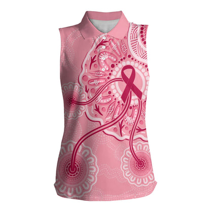 Australia Indigenous Women Sleeveless Polo Shirt Breast Cancer Ribbon Aboriginal Art - Pink