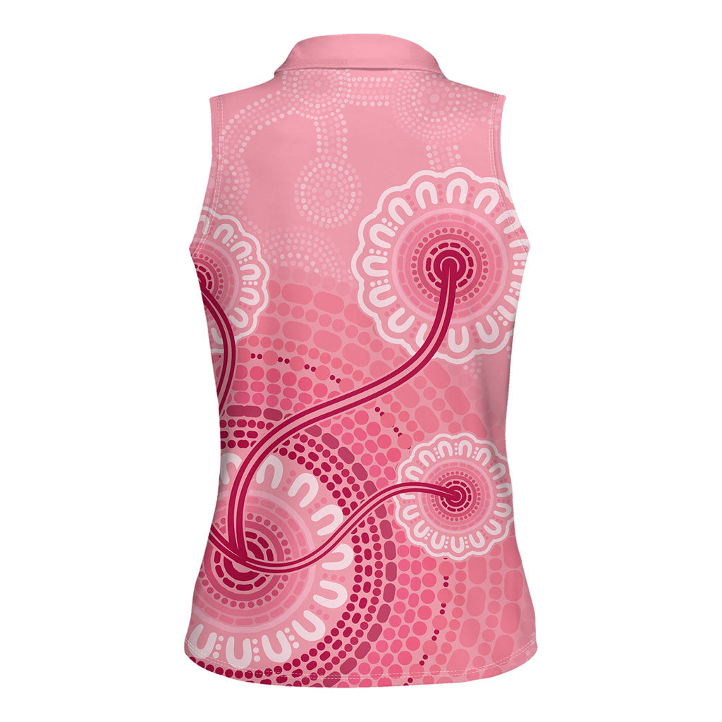 Australia Indigenous Women Sleeveless Polo Shirt Breast Cancer Ribbon Aboriginal Art - Pink
