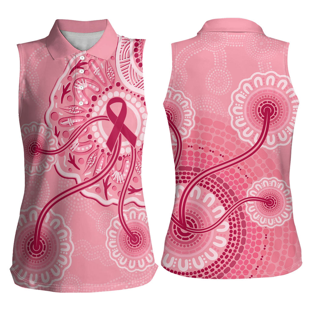Australia Indigenous Women Sleeveless Polo Shirt Breast Cancer Ribbon Aboriginal Art - Pink