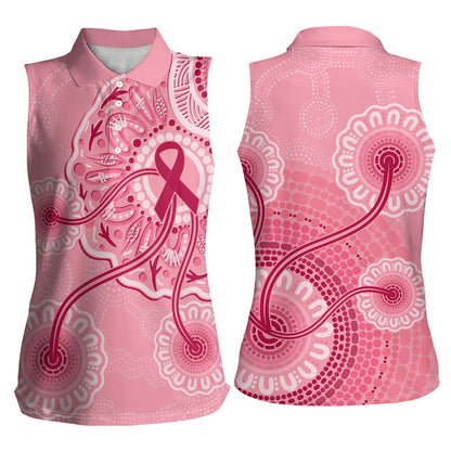Australia Indigenous Women Sleeveless Polo Shirt Breast Cancer Ribbon Aboriginal Art - Pink