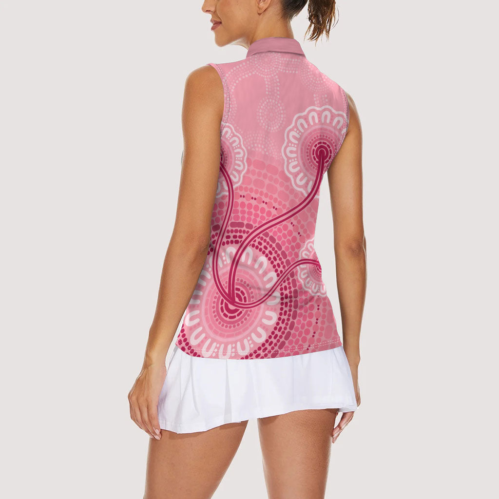 Australia Indigenous Women Sleeveless Polo Shirt Breast Cancer Ribbon Aboriginal Art - Pink