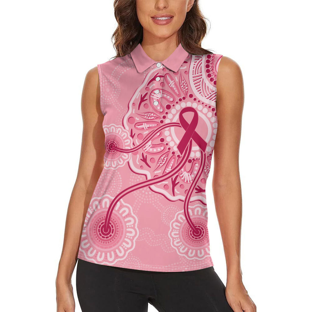 Australia Indigenous Women Sleeveless Polo Shirt Breast Cancer Ribbon Aboriginal Art - Pink