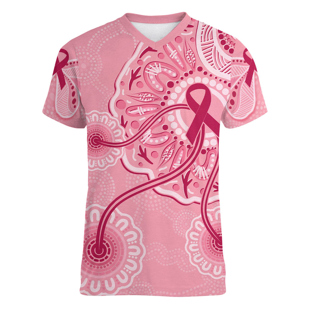 Australia Indigenous Women V-Neck T-Shirt Breast Cancer Ribbon Aboriginal Art - Pink