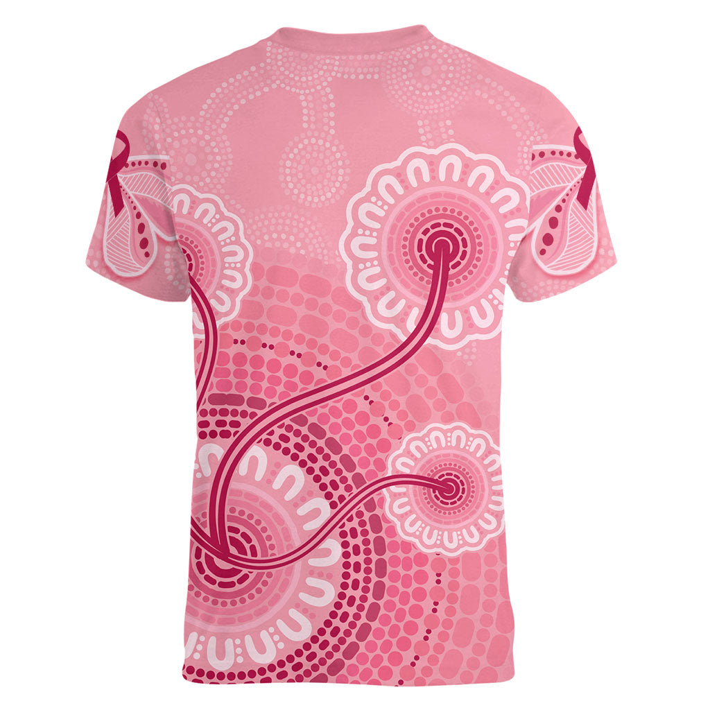 Australia Indigenous Women V-Neck T-Shirt Breast Cancer Ribbon Aboriginal Art - Pink