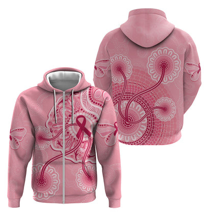 Australia Indigenous Zip Hoodie Breast Cancer Ribbon Aboriginal Art - Pink
