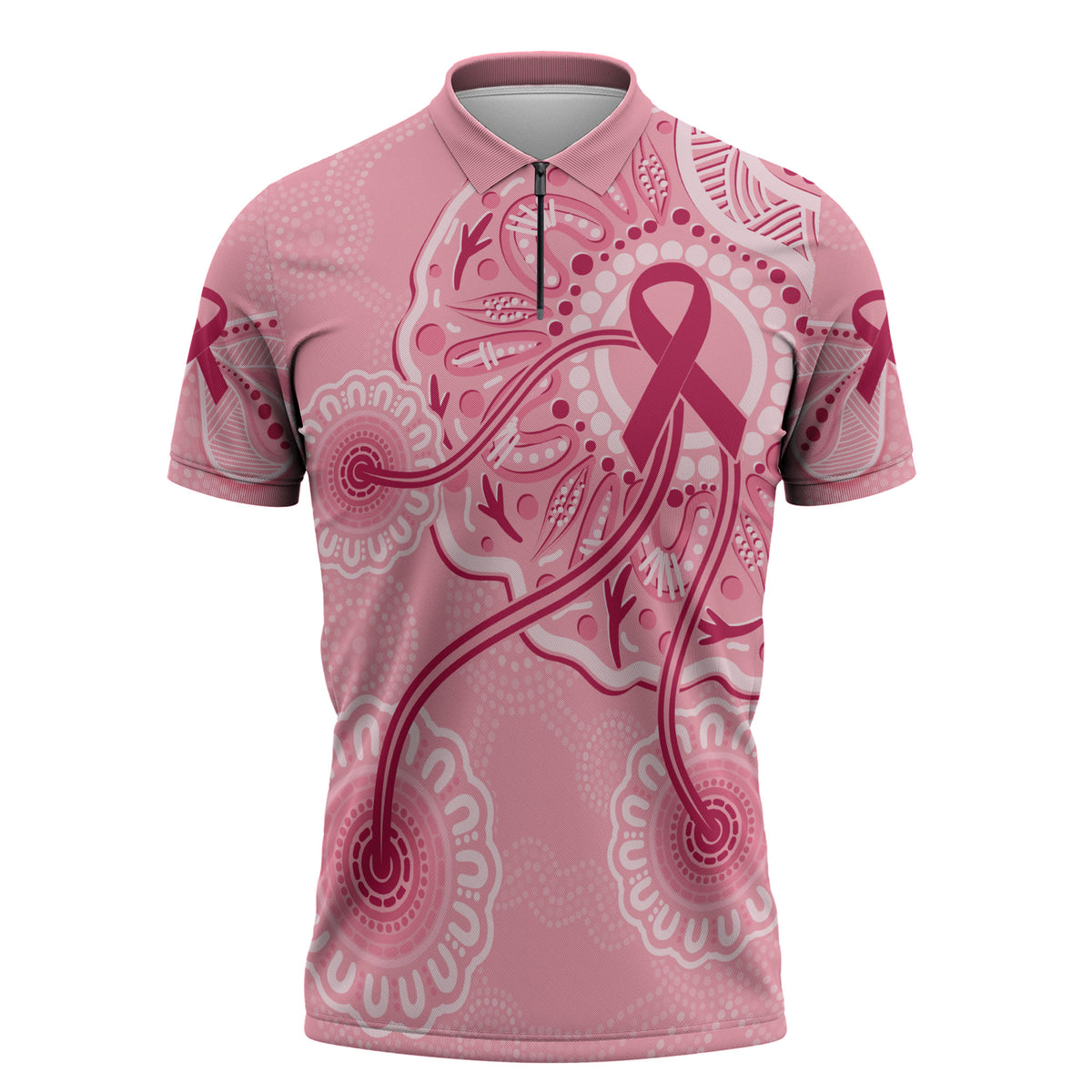 Australia Indigenous Zipper Polo Shirt Breast Cancer Ribbon Aboriginal Art - Pink