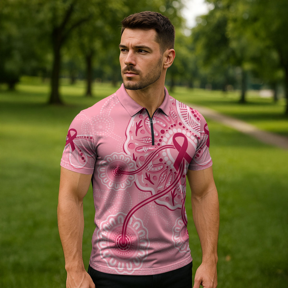 Australia Indigenous Zipper Polo Shirt Breast Cancer Ribbon Aboriginal Art - Pink