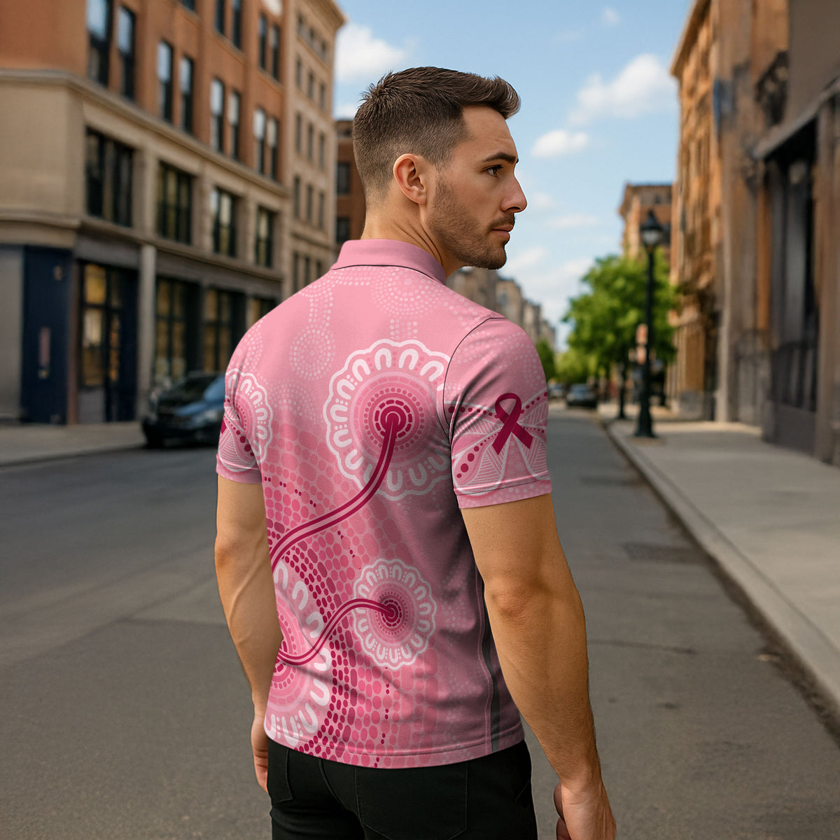 Australia Indigenous Zipper Polo Shirt Breast Cancer Ribbon Aboriginal Art - Pink