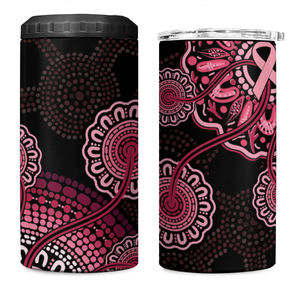 Australia Indigenous 4 in 1 Can Cooler Tumbler Breast Cancer Ribbon Aboriginal Art - Black