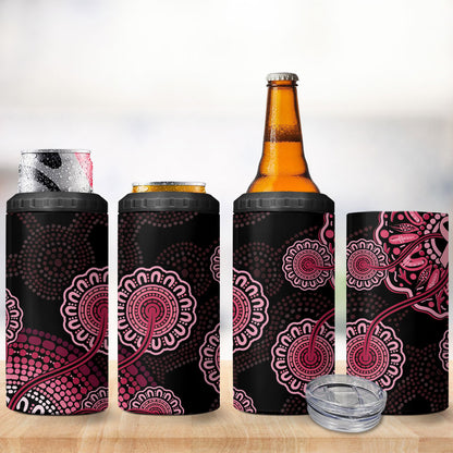 Australia Indigenous 4 in 1 Can Cooler Tumbler Breast Cancer Ribbon Aboriginal Art - Black
