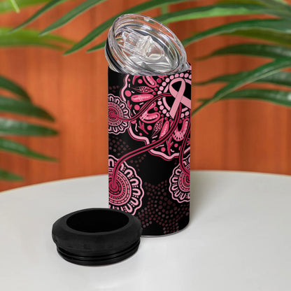 Australia Indigenous 4 in 1 Can Cooler Tumbler Breast Cancer Ribbon Aboriginal Art - Black