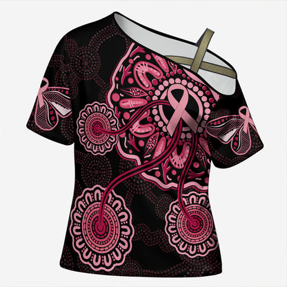 Australia Indigenous Cross Shoulder Shirt Breast Cancer Ribbon Aboriginal Art - Black