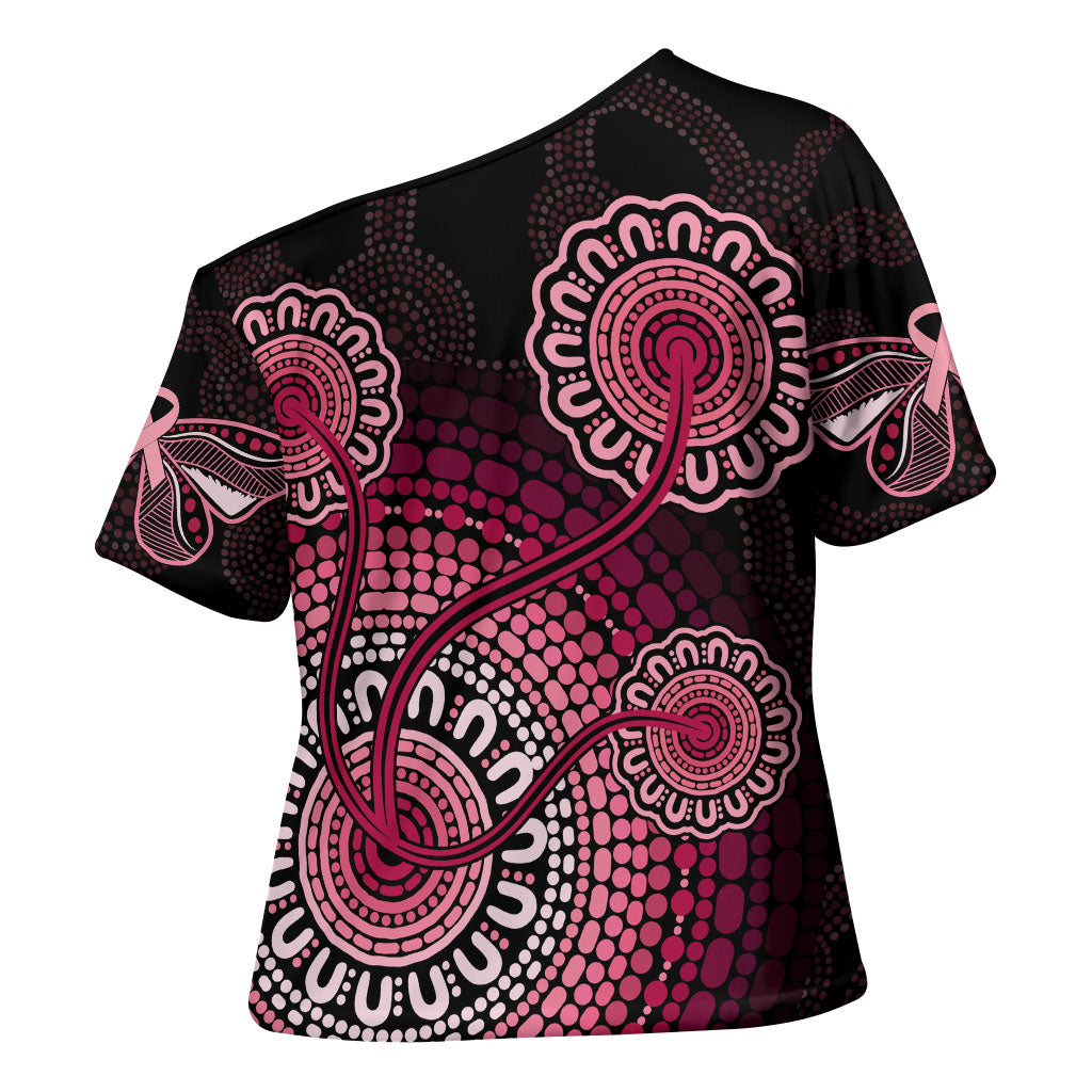 Australia Indigenous Cross Shoulder Shirt Breast Cancer Ribbon Aboriginal Art - Black