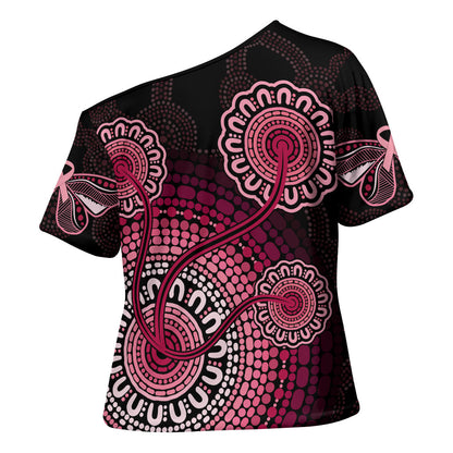 Australia Indigenous Cross Shoulder Shirt Breast Cancer Ribbon Aboriginal Art - Black