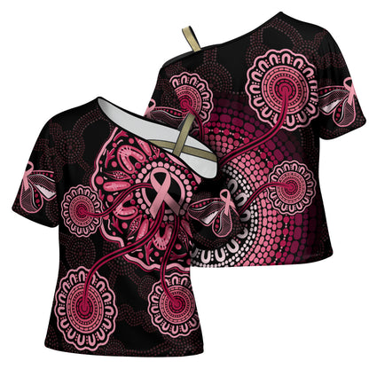 Australia Indigenous Cross Shoulder Shirt Breast Cancer Ribbon Aboriginal Art - Black