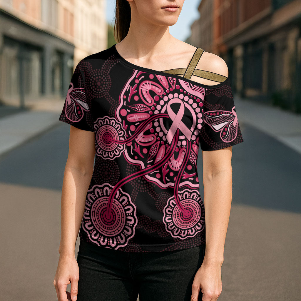Australia Indigenous Cross Shoulder Shirt Breast Cancer Ribbon Aboriginal Art - Black