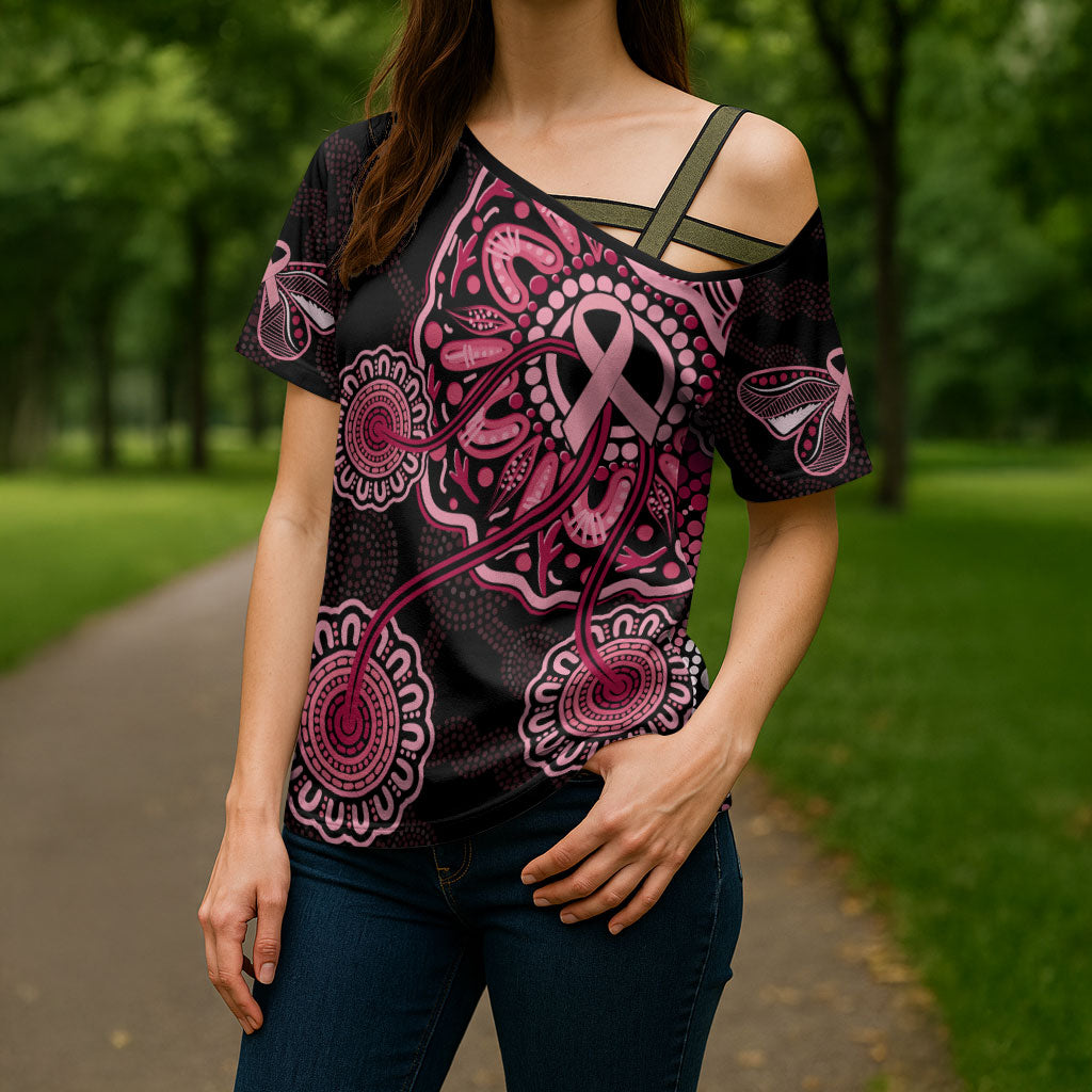 Australia Indigenous Cross Shoulder Shirt Breast Cancer Ribbon Aboriginal Art - Black