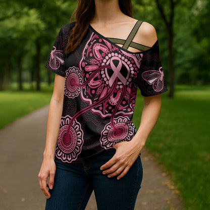 Australia Indigenous Cross Shoulder Shirt Breast Cancer Ribbon Aboriginal Art - Black