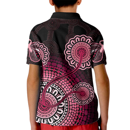 Australia Indigenous Kid Polo Shirt Breast Cancer Ribbon Aboriginal Art - Black
