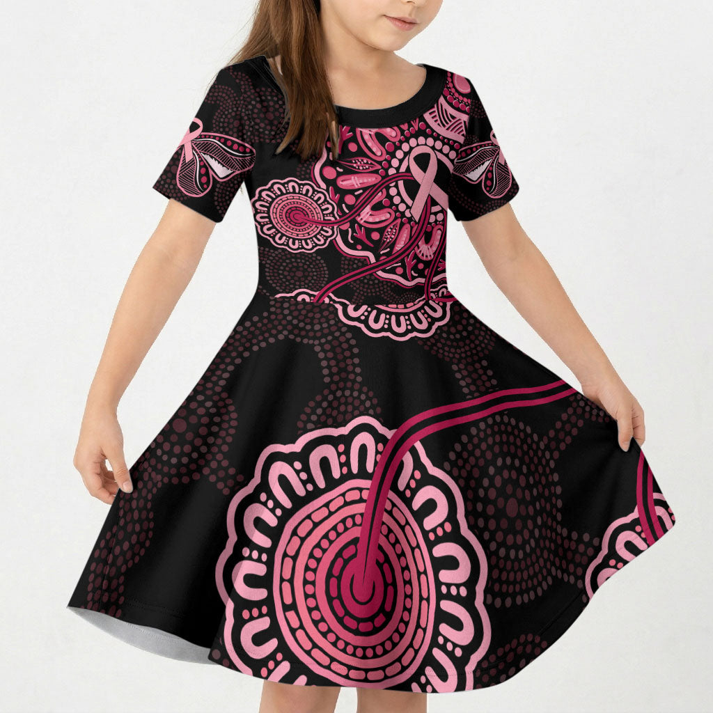 Australia Indigenous Kid Short Sleeve Dress Breast Cancer Ribbon Aboriginal Art - Black