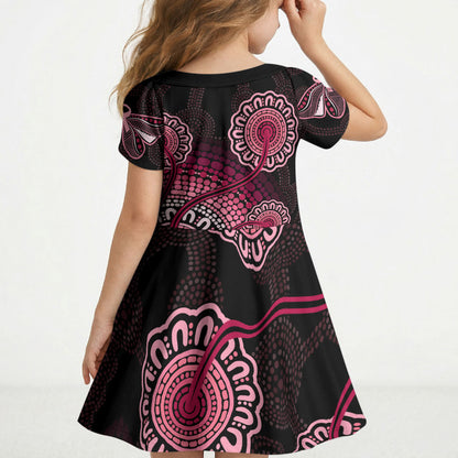 Australia Indigenous Kid Short Sleeve Dress Breast Cancer Ribbon Aboriginal Art - Black