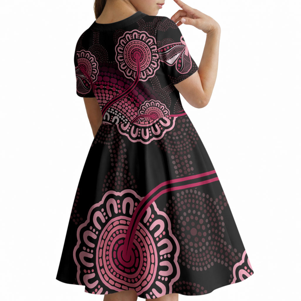 Australia Indigenous Kid Short Sleeve Dress Breast Cancer Ribbon Aboriginal Art - Black