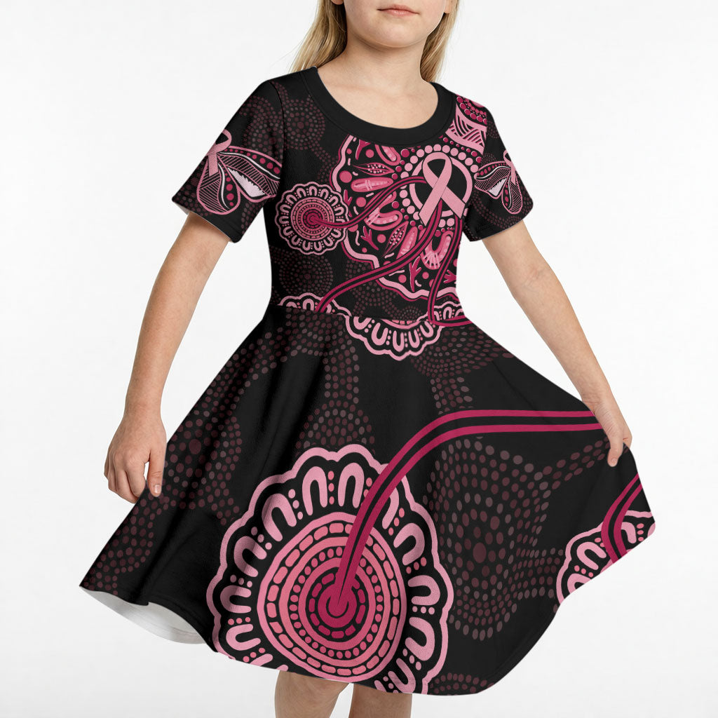 Australia Indigenous Kid Short Sleeve Dress Breast Cancer Ribbon Aboriginal Art - Black