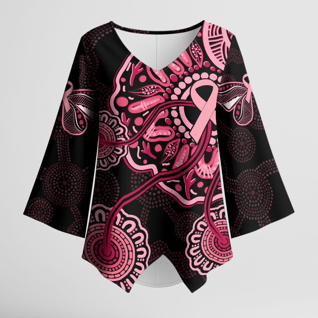 Australia Indigenous Kimono Sleeve Blouse Breast Cancer Ribbon Aboriginal Art - Black