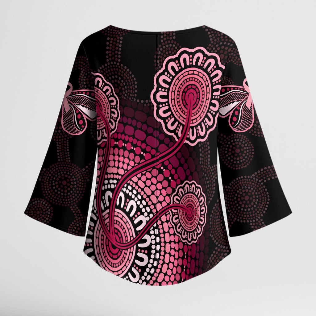 Australia Indigenous Kimono Sleeve Blouse Breast Cancer Ribbon Aboriginal Art - Black