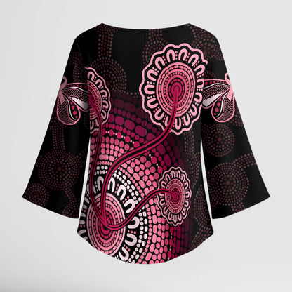 Australia Indigenous Kimono Sleeve Blouse Breast Cancer Ribbon Aboriginal Art - Black