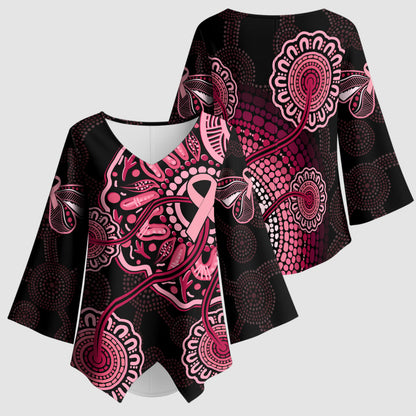 Australia Indigenous Kimono Sleeve Blouse Breast Cancer Ribbon Aboriginal Art - Black