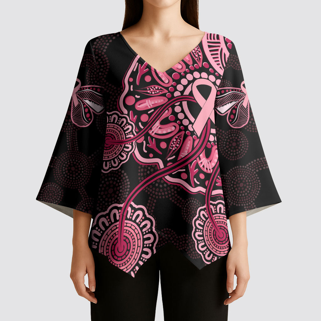Australia Indigenous Kimono Sleeve Blouse Breast Cancer Ribbon Aboriginal Art - Black