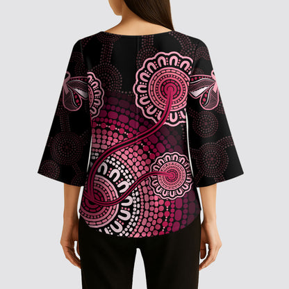 Australia Indigenous Kimono Sleeve Blouse Breast Cancer Ribbon Aboriginal Art - Black