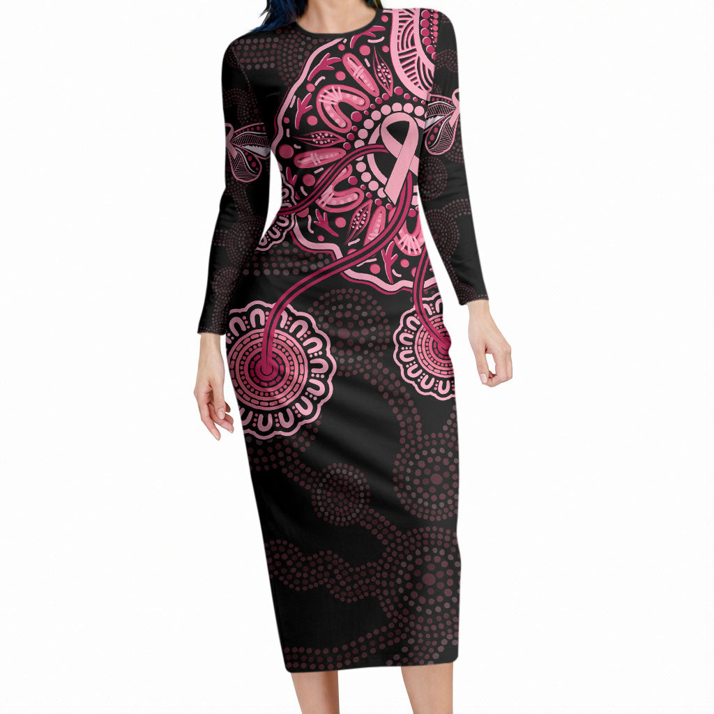 Australia Indigenous Long Sleeve Bodycon Dress Breast Cancer Ribbon Aboriginal Art - Black