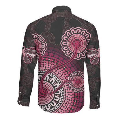 Australia Indigenous Long Sleeve Button Shirt Breast Cancer Ribbon Aboriginal Art - Black