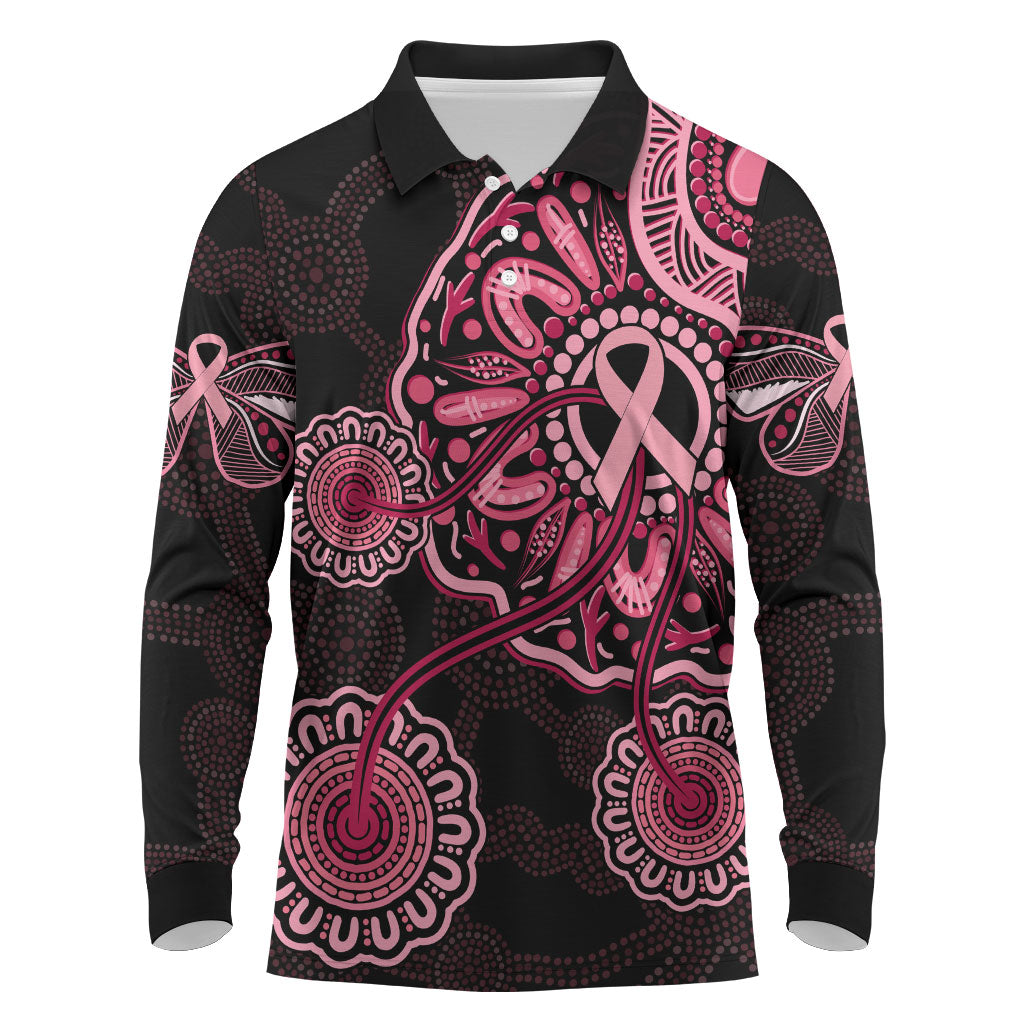 Australia Indigenous Long Sleeve Polo Shirt Breast Cancer Ribbon Aboriginal Art - Black