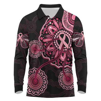 Australia Indigenous Long Sleeve Polo Shirt Breast Cancer Ribbon Aboriginal Art - Black
