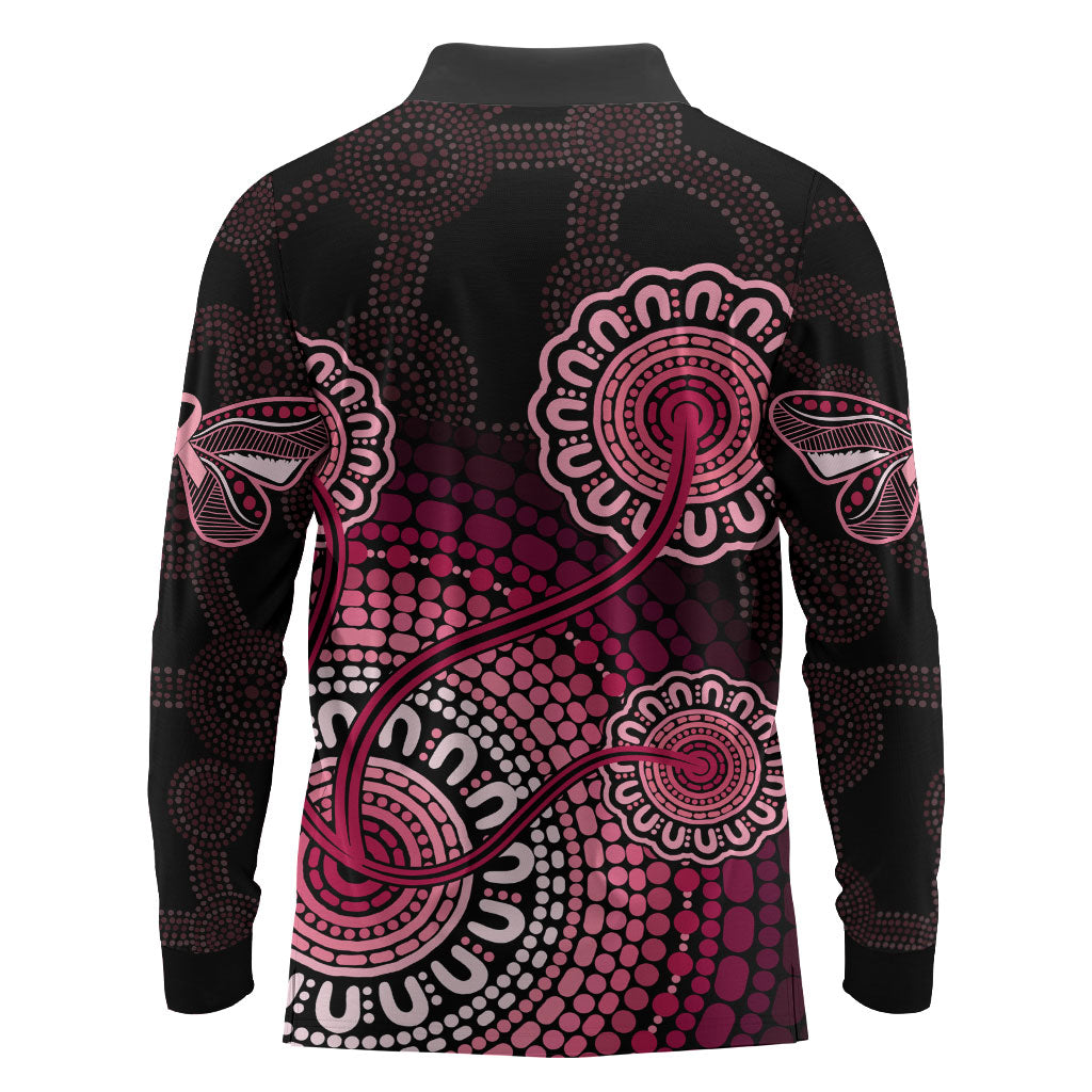 Australia Indigenous Long Sleeve Polo Shirt Breast Cancer Ribbon Aboriginal Art - Black